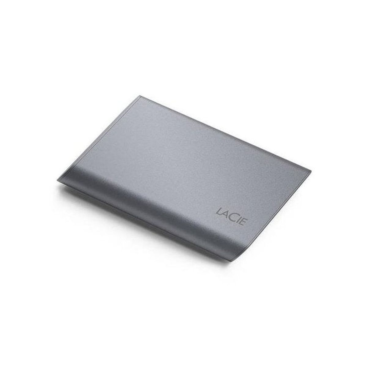 Een grijze externe LaCie opslagdrive op een witte achtergrond.