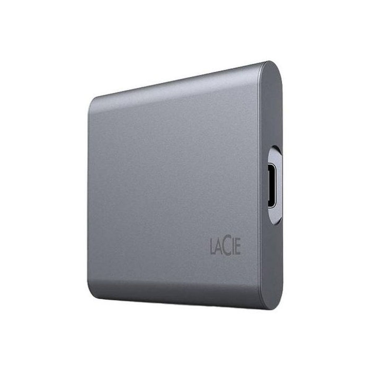 Grijze externe harde schijf met LaCie logo en USB-poort.