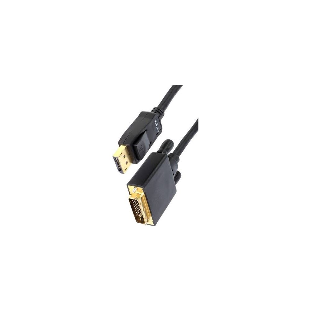 Ein schwarzes DisplayPort-zu-DVI-Kabel mit goldenen Anschlüssen.