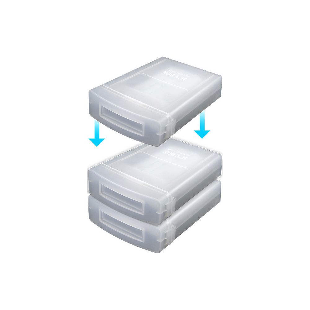 Zwei transparente Aufbewahrungsboxen für Festplatten sind übereinander gestapelt.