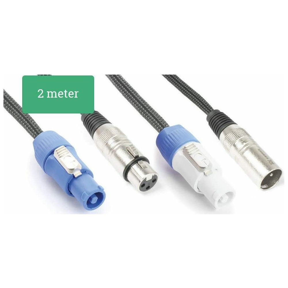Drei XLR-Kabel mit silbernen Steckern und blauen, weißen und schwarzen Griffen.