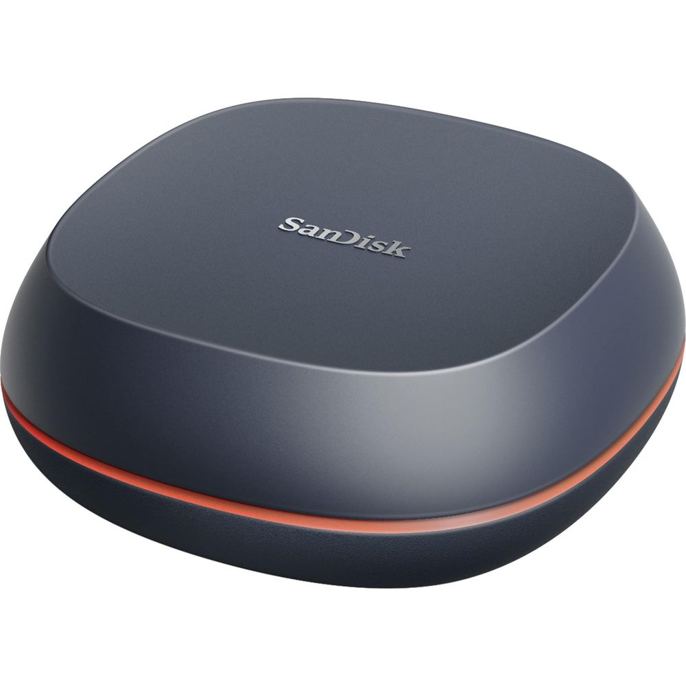 Un appareil de stockage SanDisk rond et sombre avec une bande orange.