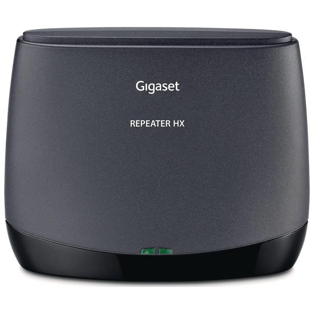Un ripetitore Gigaset REPEATER HX nero con due LED verdi frontali.