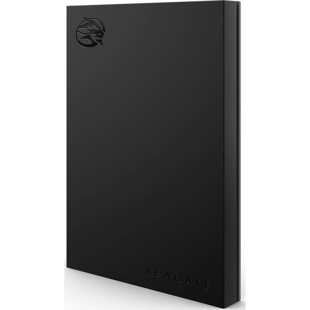 Czarny zewnętrzny dysk Seagate z logo i napisem.