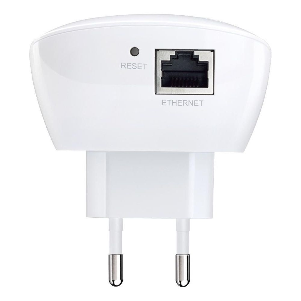 Un répéteur Wi-Fi blanc avec port Ethernet et bouton de réinitialisation.
