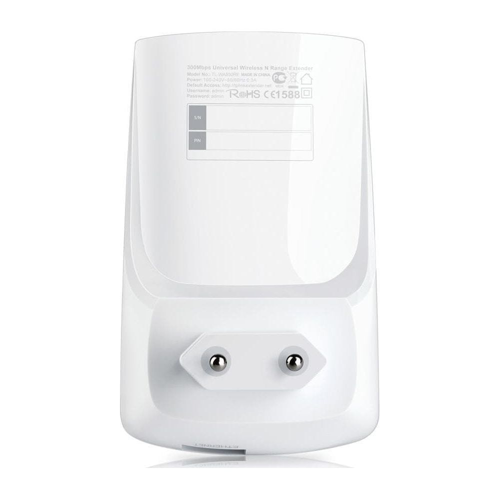 Un répéteur Wi-Fi blanc avec prise secteur et port Ethernet.