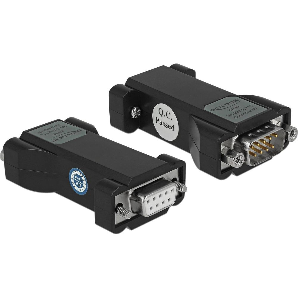 Due convertitori DELOCK RS-232 a TTL neri con connettori a 9 pin.