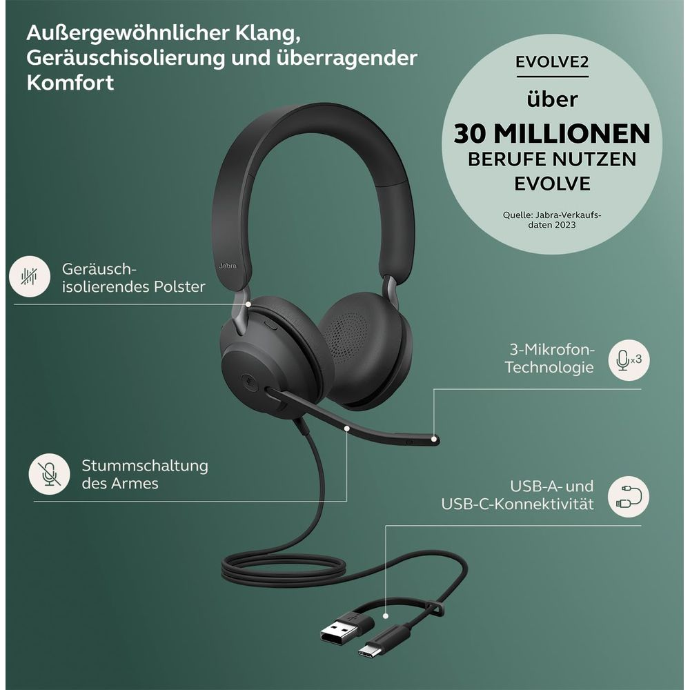 Czarne słuchawki Jabra Evolve2 z mikrofonem, kablem i adapterami USB.