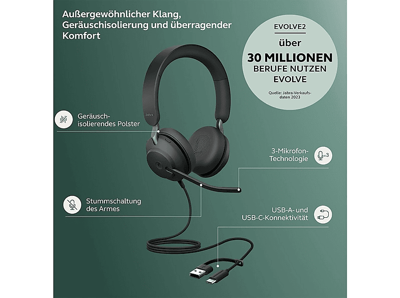 JABRA Evolve 2 40 SE USB-C/A Kablolu Kulak Üstü Kulaklık Siyah