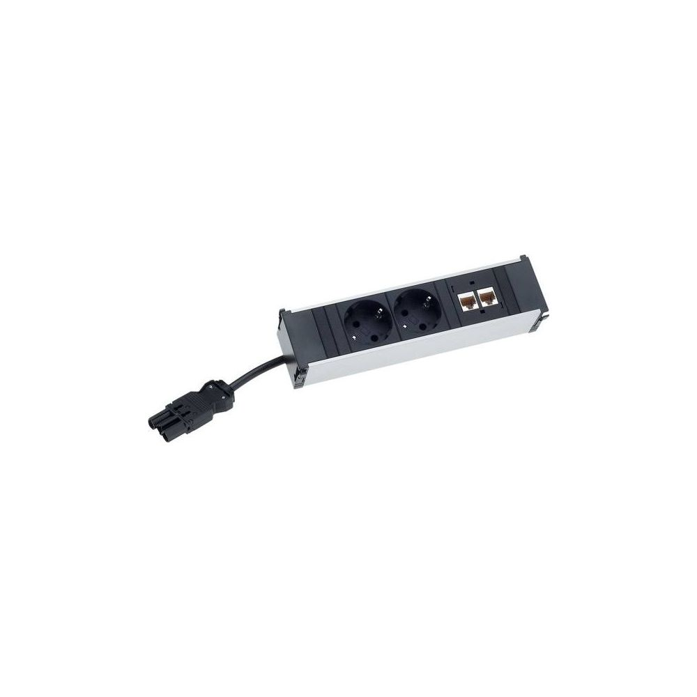 Ein silberner Mehrfachsteckdosenadapter mit zwei Steckdosen und zwei RJ45-Anschlüssen.