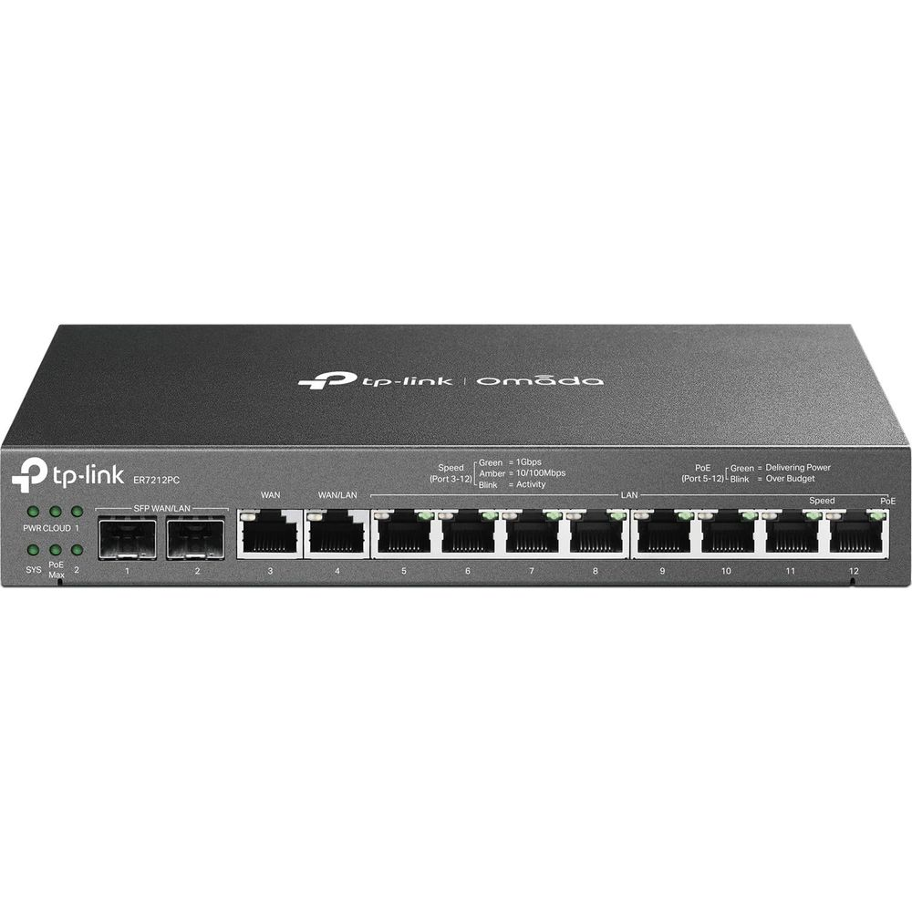 TP-Link ER7212PC router met 12 poorten: SFP WAN/LAN, WAN, LAN en PoE poorten.