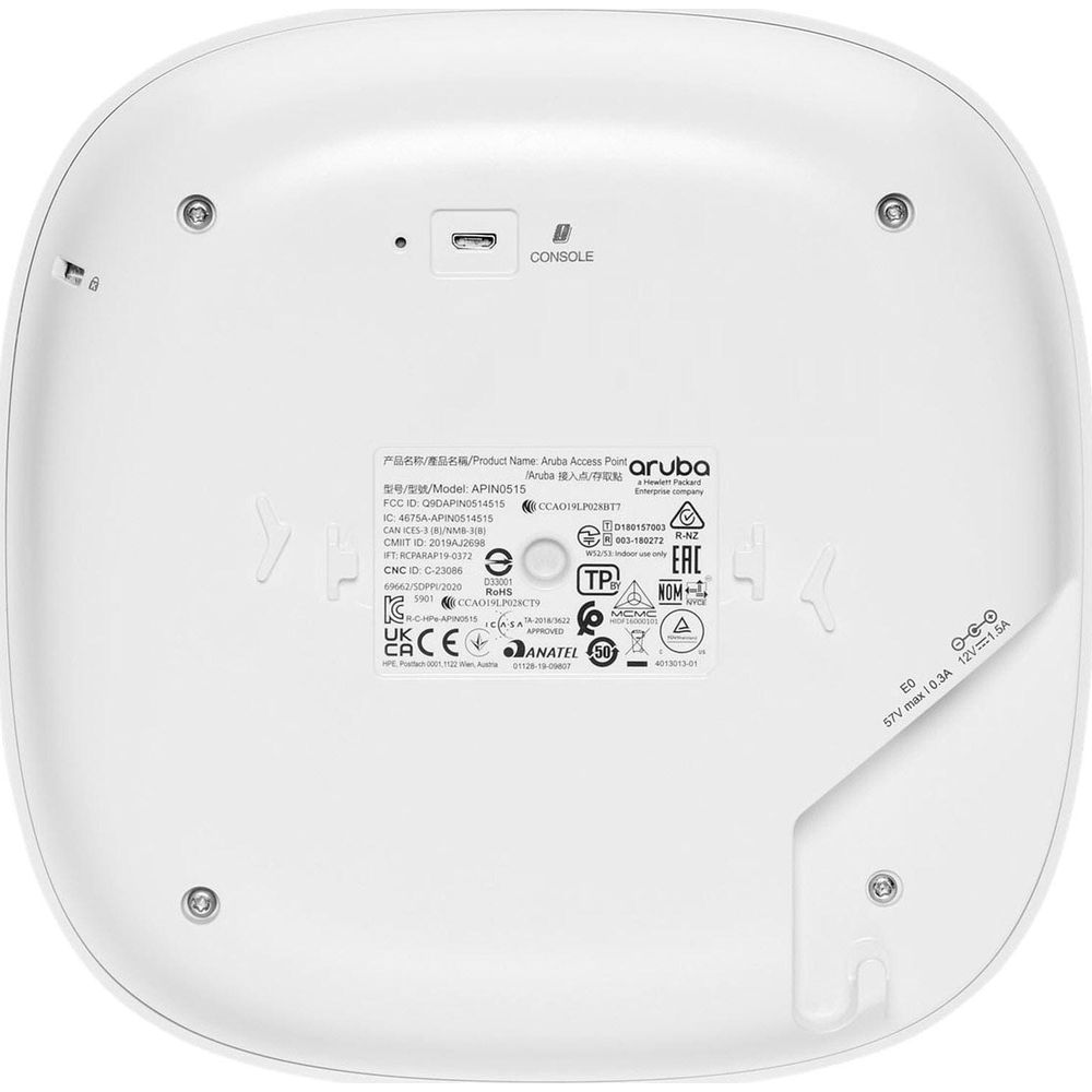 Tył białego punktu dostępowego Aruba z oznaczeniami.