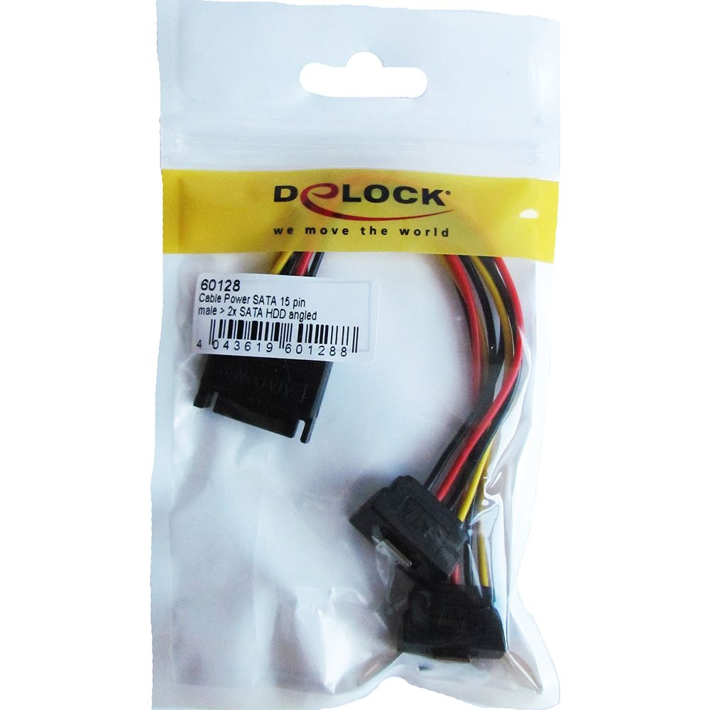 Cavo alimentazione SATA Delock, maschio 15 pin a 2x SATA HDD angolato.