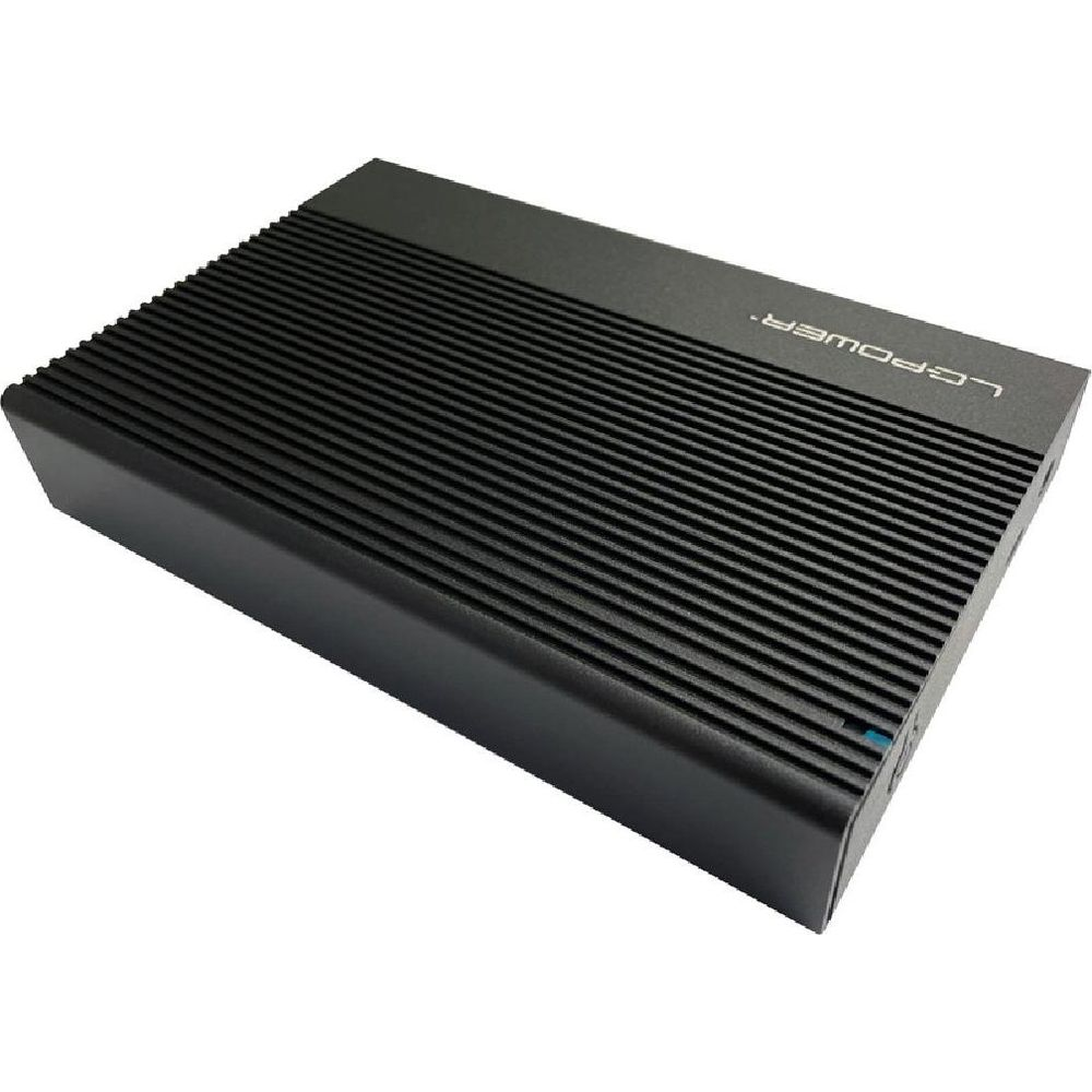 Schwarzes Lg Power Netzteil mit gerippter Oberseite, auf weißem Hintergrund.