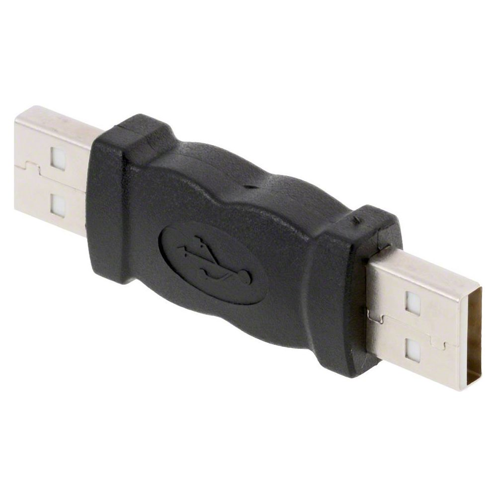 Adattatore USB nero con connettori argentati e logo USB.