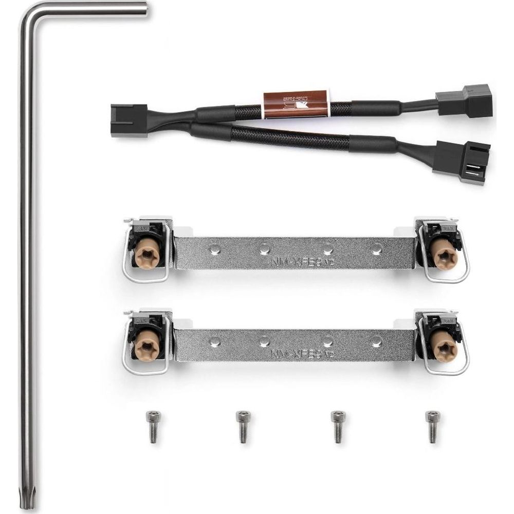 Une clé Allen argentée en L, deux câbles de ventilateur noirs, deux supports métalliques et quatre vis.