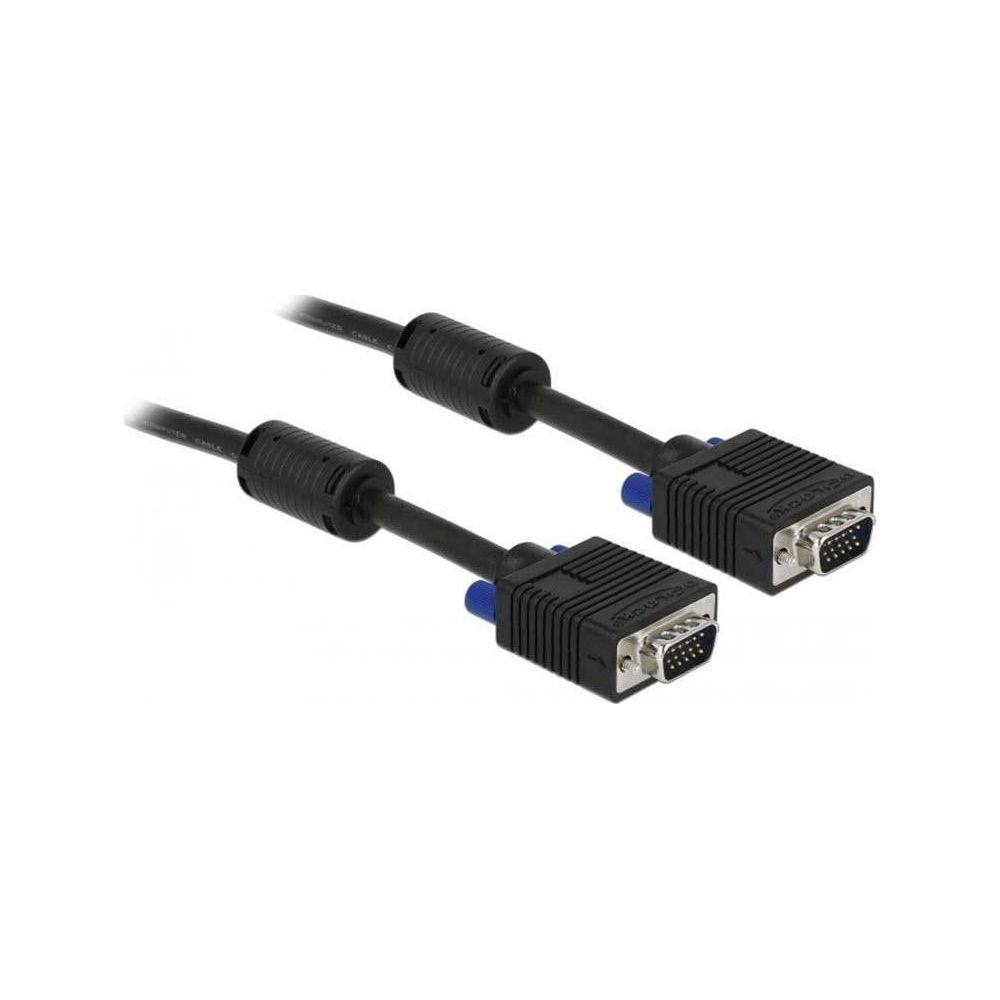 Dwa czarne kable VGA z niebieskimi śrubami radełkowanymi i niebieskimi złączami.