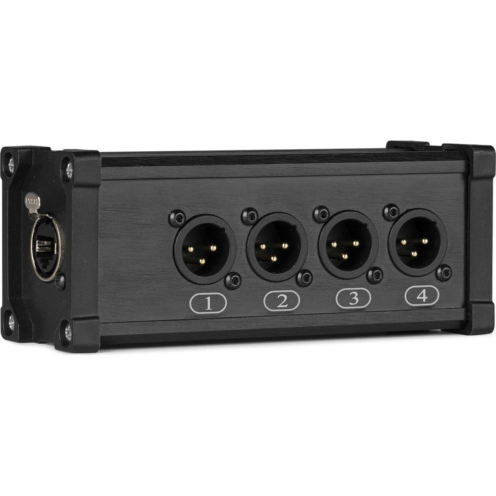 Carcasa negra con cuatro conectores XLR numerados (1-4).