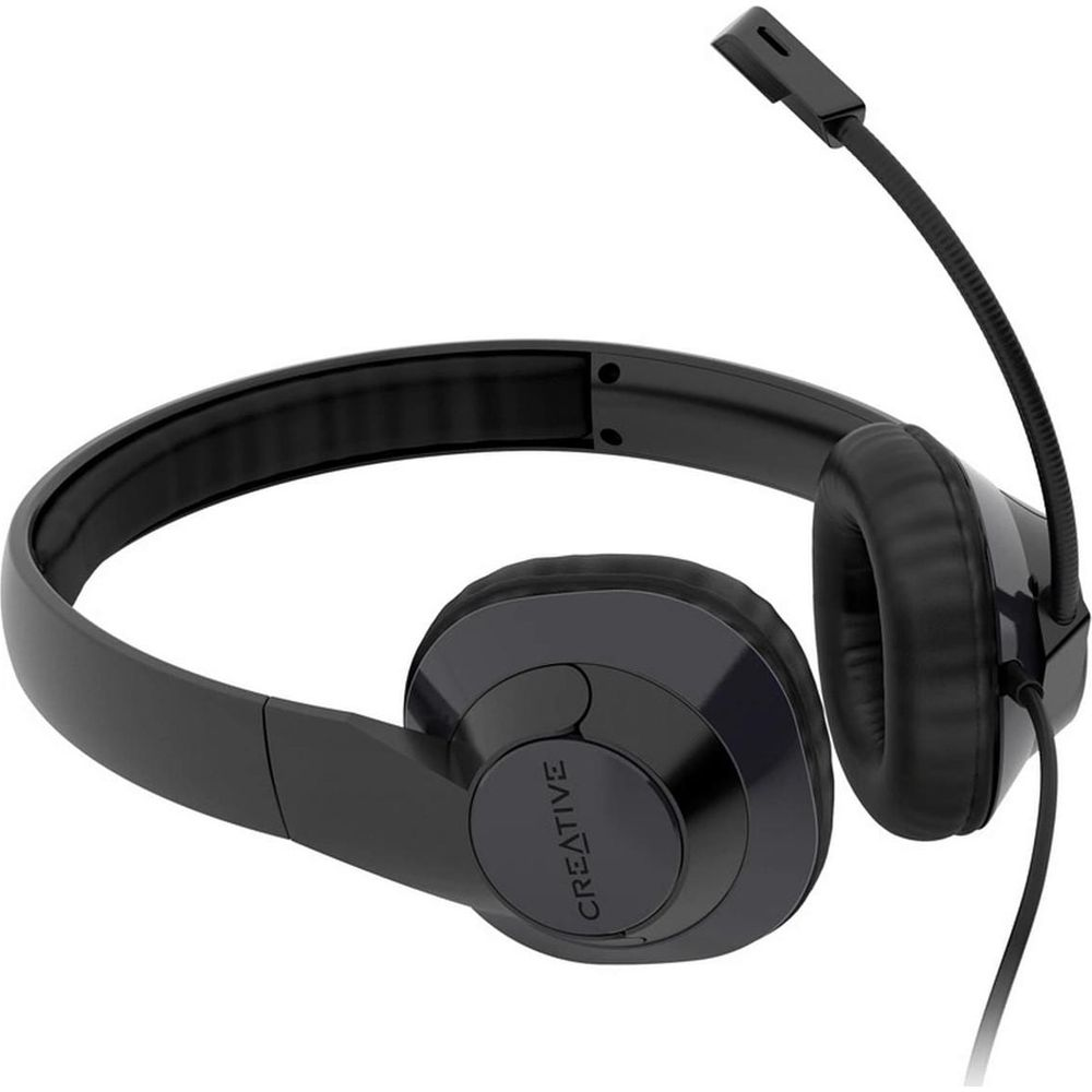 Czarne słuchawki z mikrofonem, logo Creative na nauszniku.
