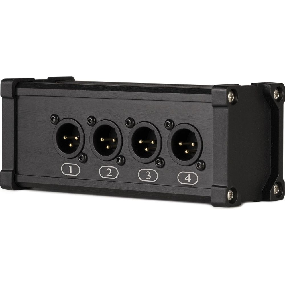 Carcasa negra con cuatro conectores XLR, numerados 1-4.