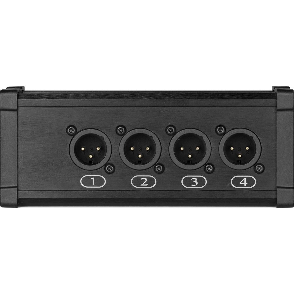 Una caja negra con cuatro conectores XLR, numerados del 1 al 4.