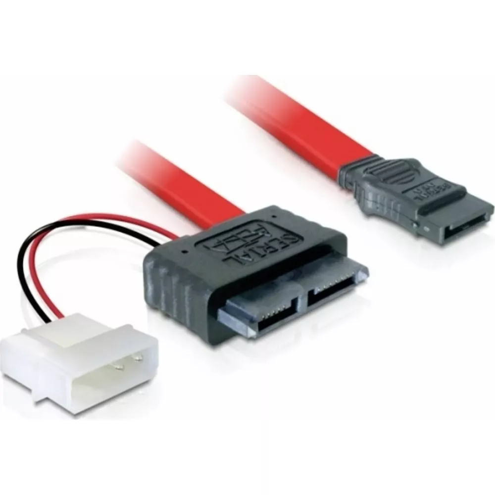 Czerwony kabel SATA z czarnym złączem i białym adapterem zasilania.