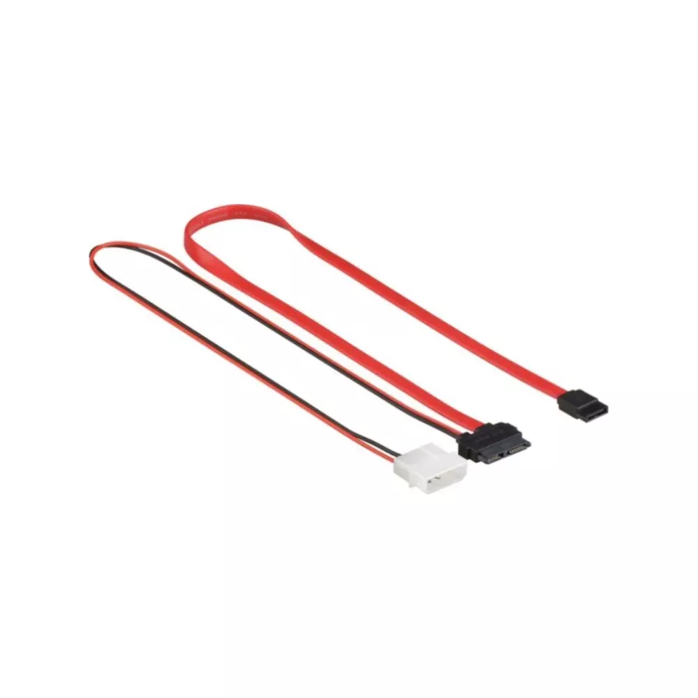 Czerwony kabel danych SATA z czarnym kablem zasilającym i złączami.
