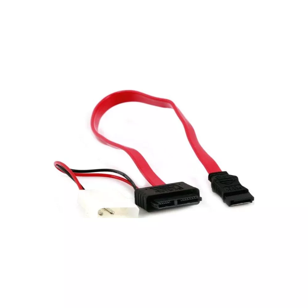 Czerwony kabel SATA z białym adapterem zasilania i czarnymi przewodami.