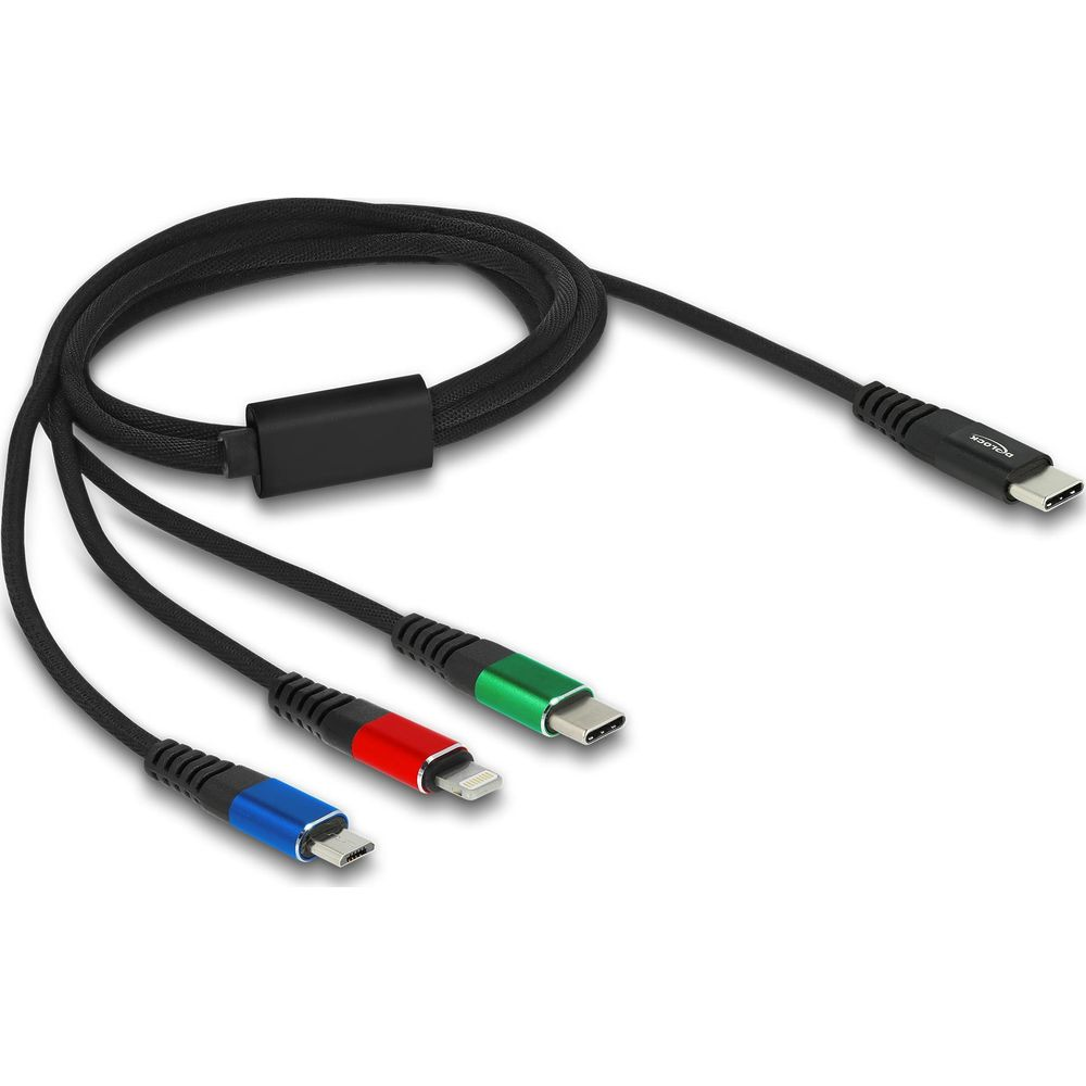 Un cable negro con tres extremos: USB-C, Lightning y USB-C, codificados por color.