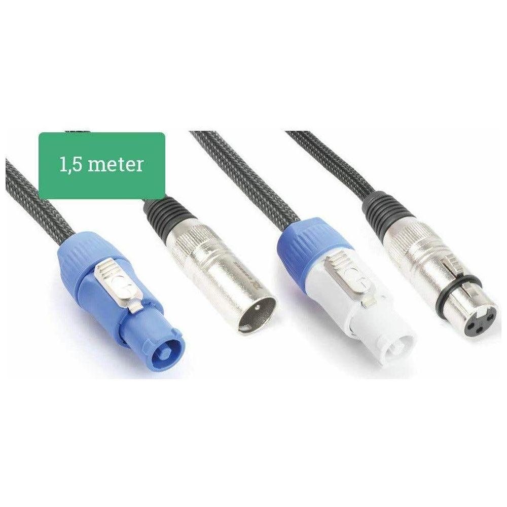 Tres cables de audio con conectores XLR en azul, blanco y plateado, 1,5 metros.