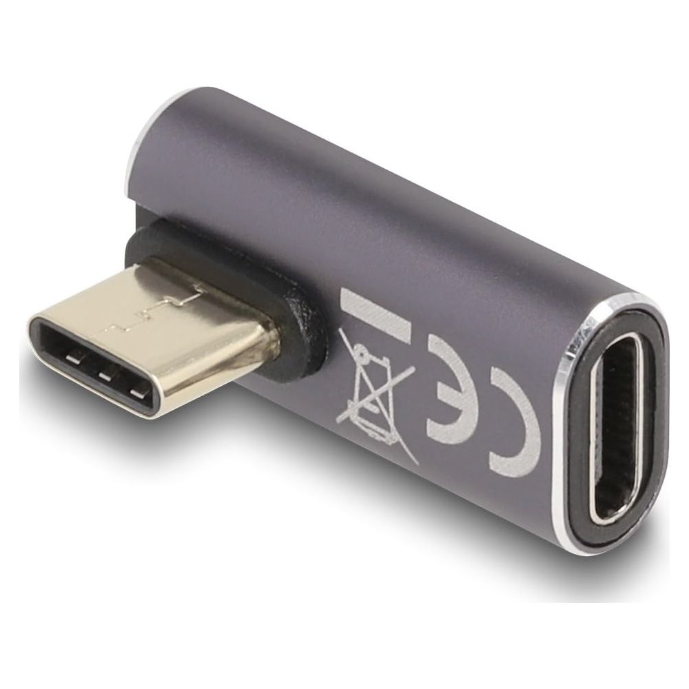 Adattatore USB-C grigio con un connettore e una presa, marchio CE.