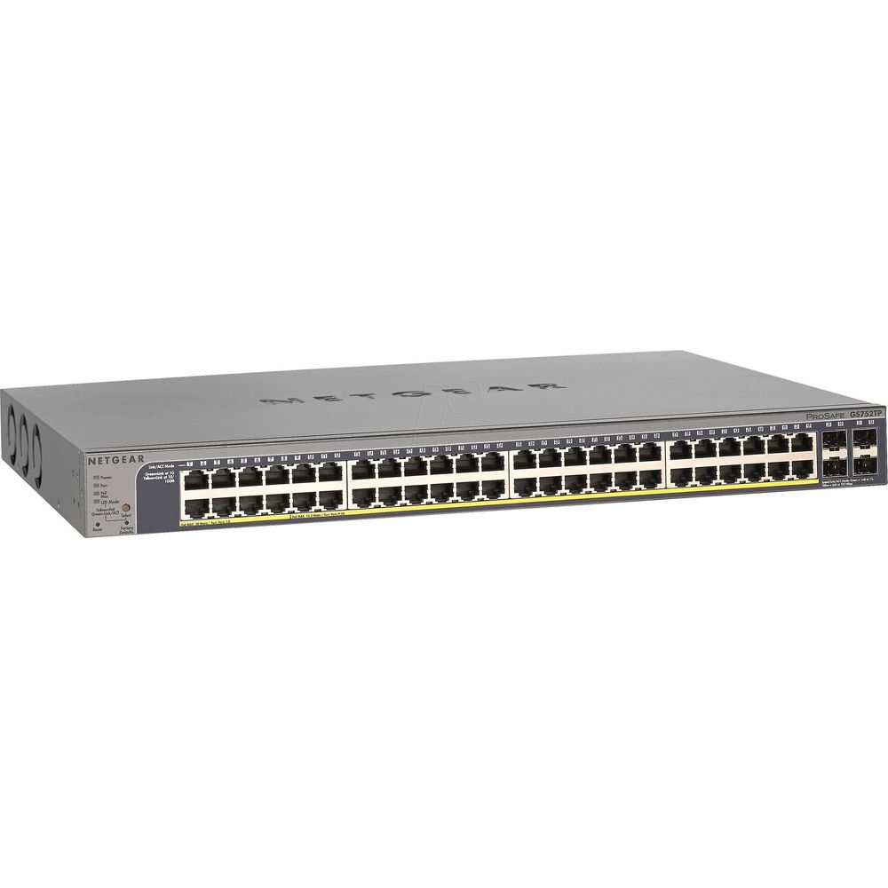 Switch réseau Netgear ProSAFE GS752TP gris avec de nombreux ports à l'avant.