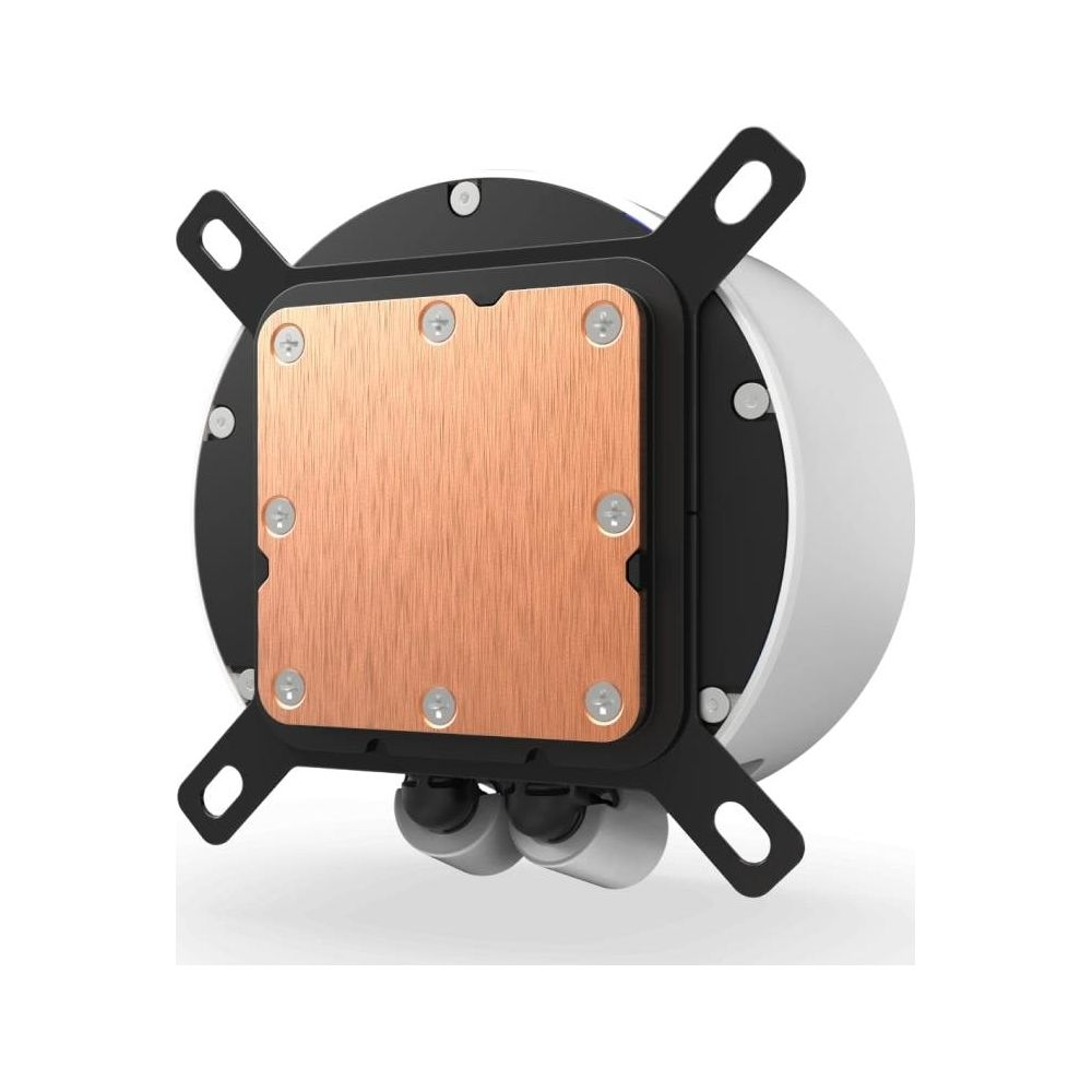 A computer CPU cooler with a copper base and black mounting bracket.
