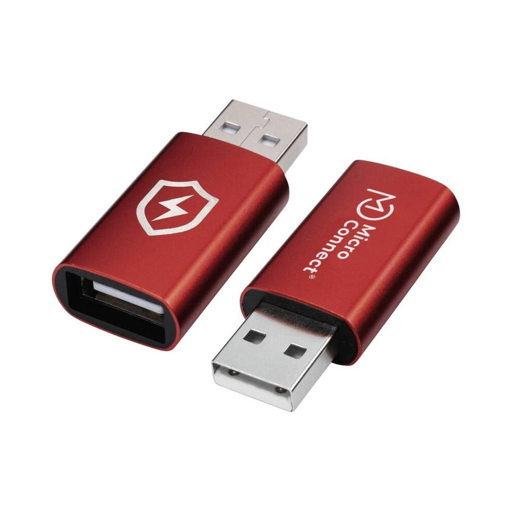 Due adattatori USB rossi, uno con simbolo fulmine, l'altro con logo.