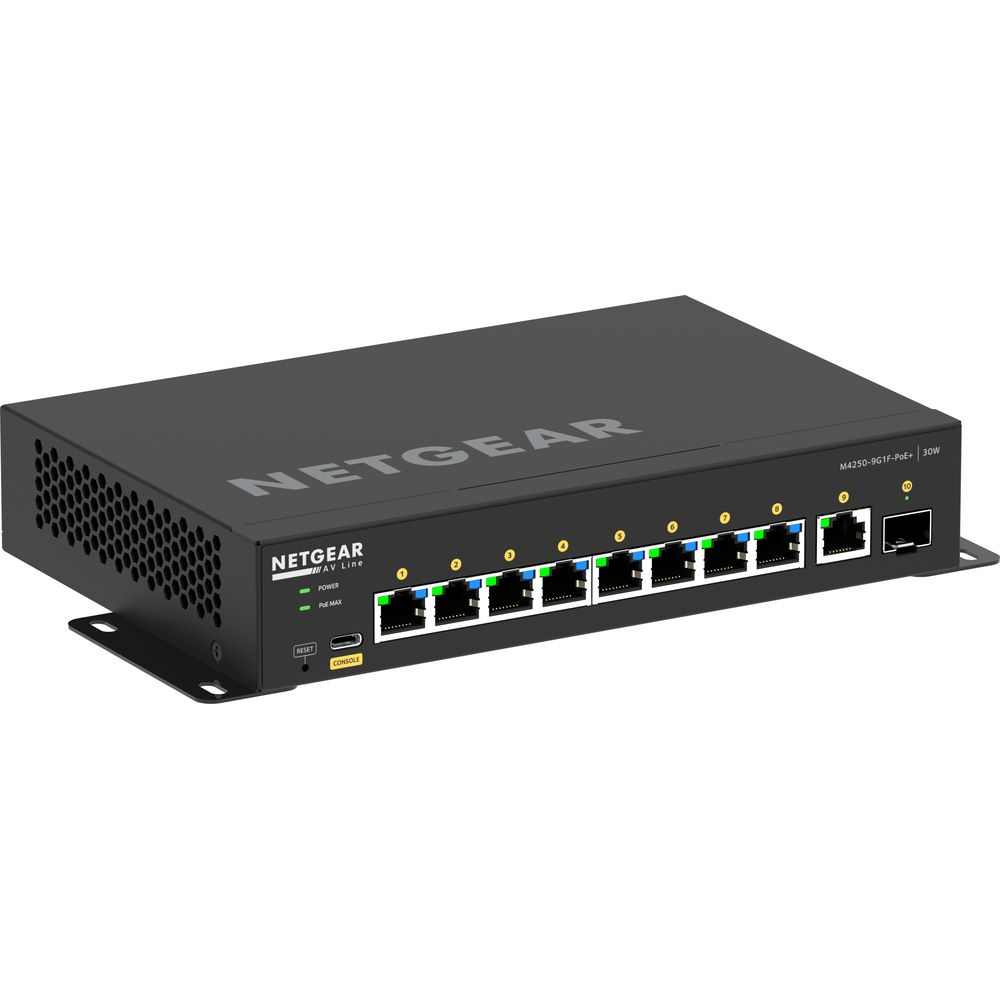 Czarny przełącznik sieciowy Netgear z 8 portami Ethernet i 2 portami uplink.