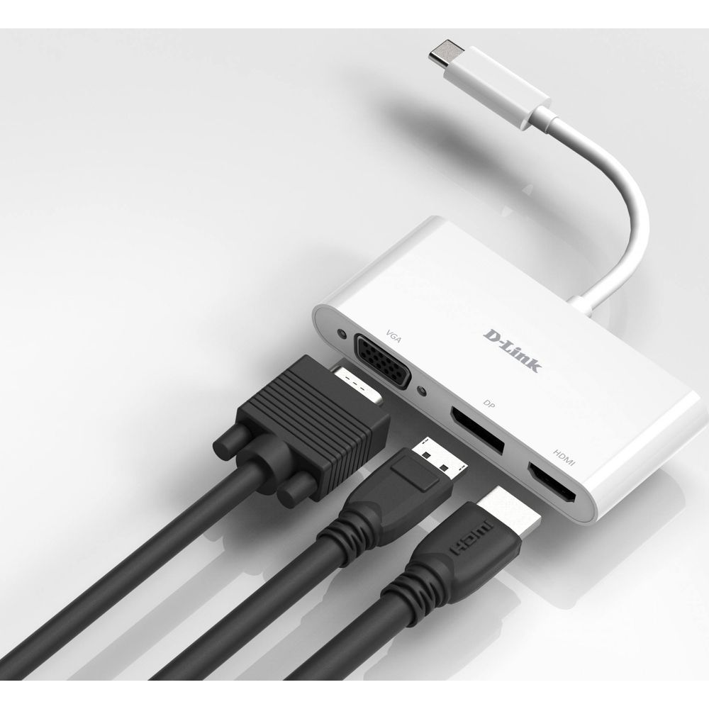 Adattatore D-Link bianco con porte VGA, DP e HDMI e tre cavi.