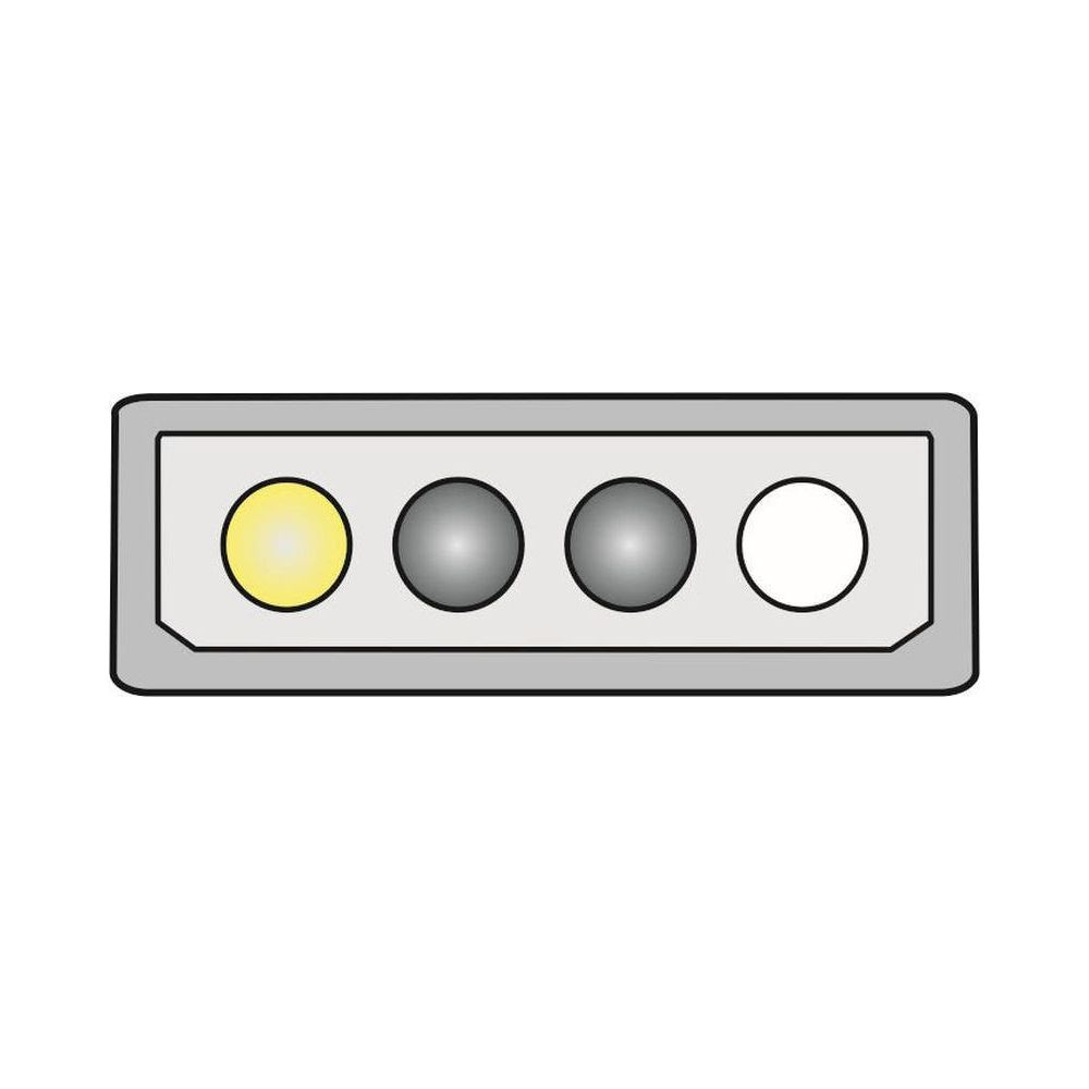 Rettangolo grigio con quattro cerchi: uno giallo, due grigi, uno bianco.