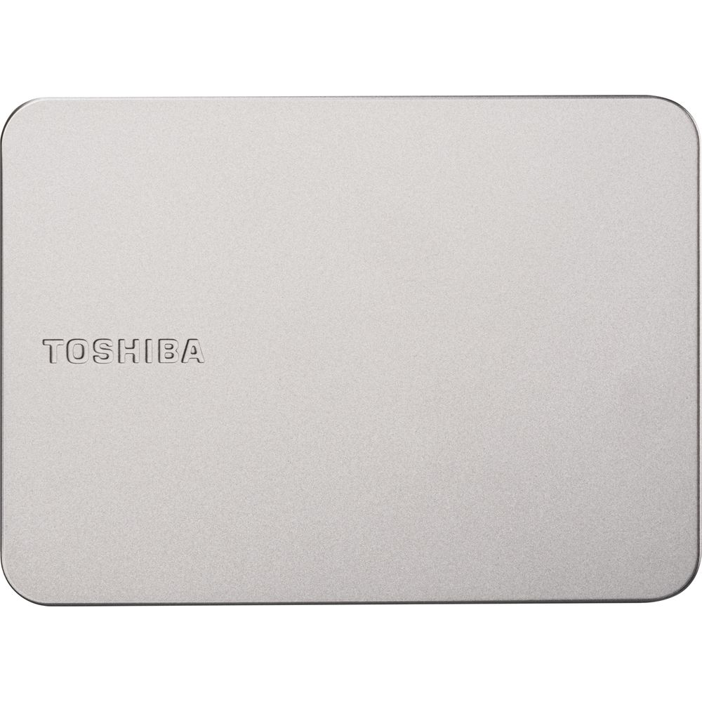 Een zilveren Toshiba harde schijf met afgeronde hoeken.