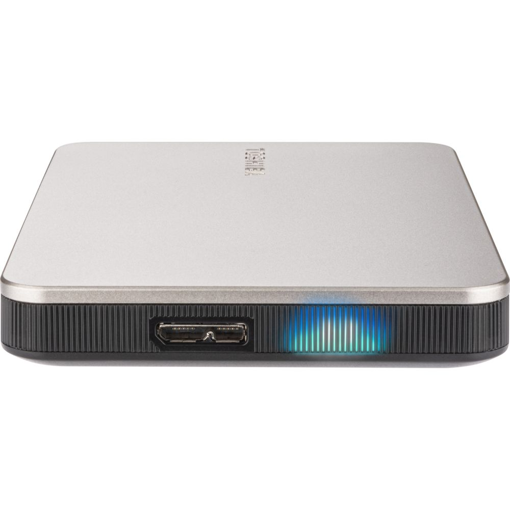 Een zilver apparaat met HDMI-poort en blauwe lichten.
