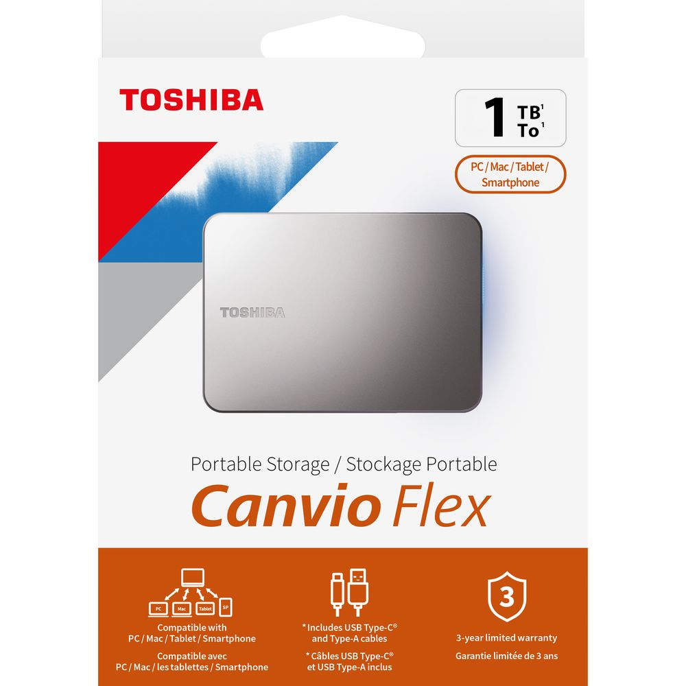 Toshiba Canvio Flex 1TB draagbare externe harde schijf, zilver, compatibel met PC/Mac/Tablet/Smartphone.