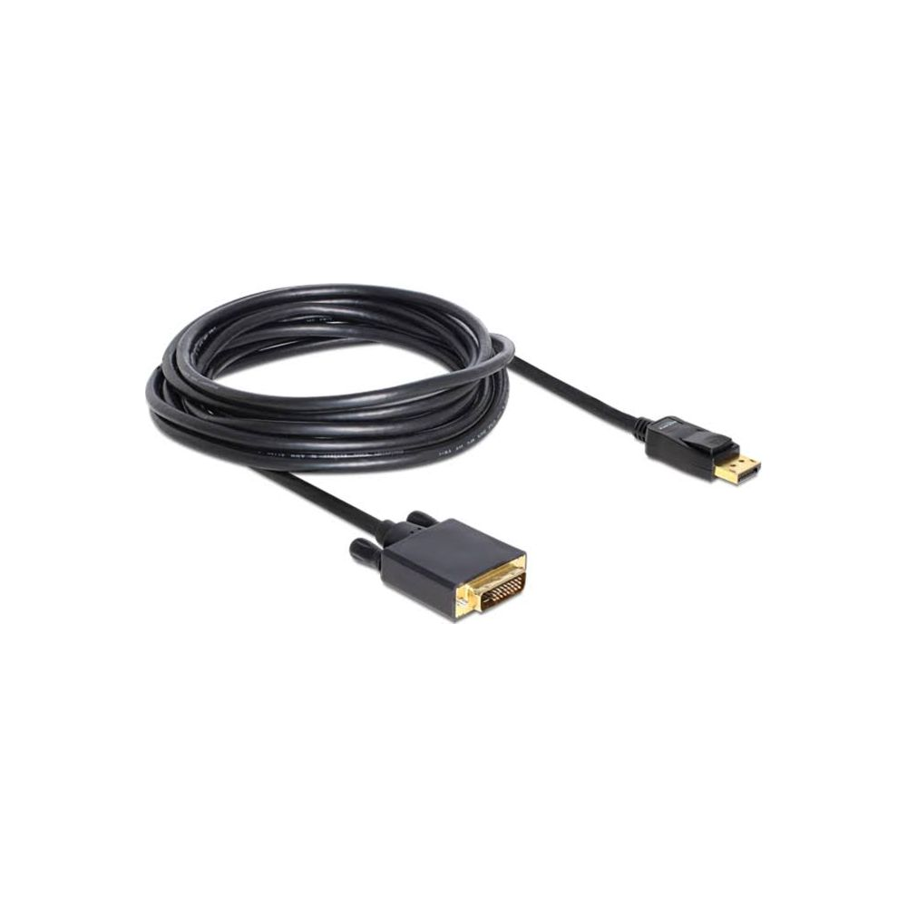 Schwarzes Kabel mit DisplayPort- und DVI-Anschlüssen auf weißem Hintergrund.
