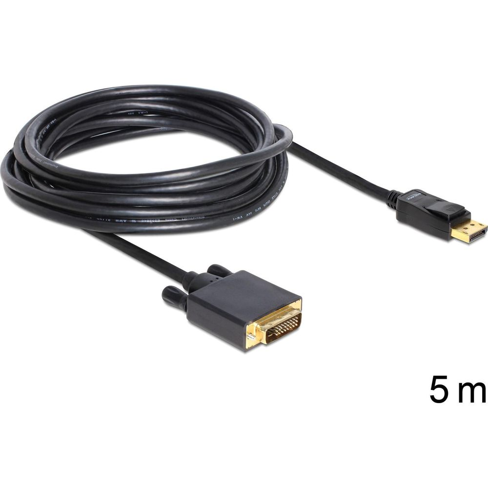 Schwarzes 5m Kabel mit DisplayPort- und DVI-Steckern auf weißem Hintergrund.