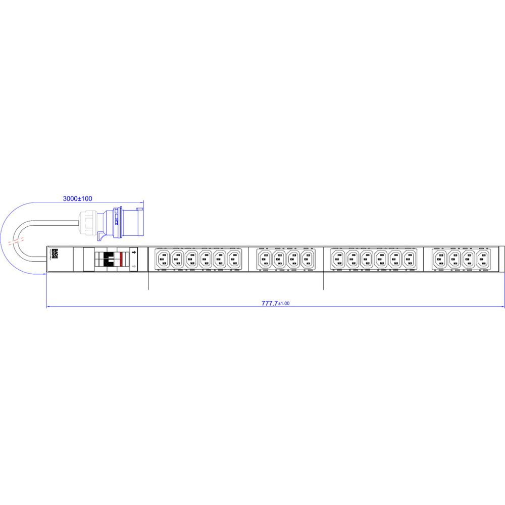Un disegno tecnico di una ciabatta con 16 prese e un cavo.