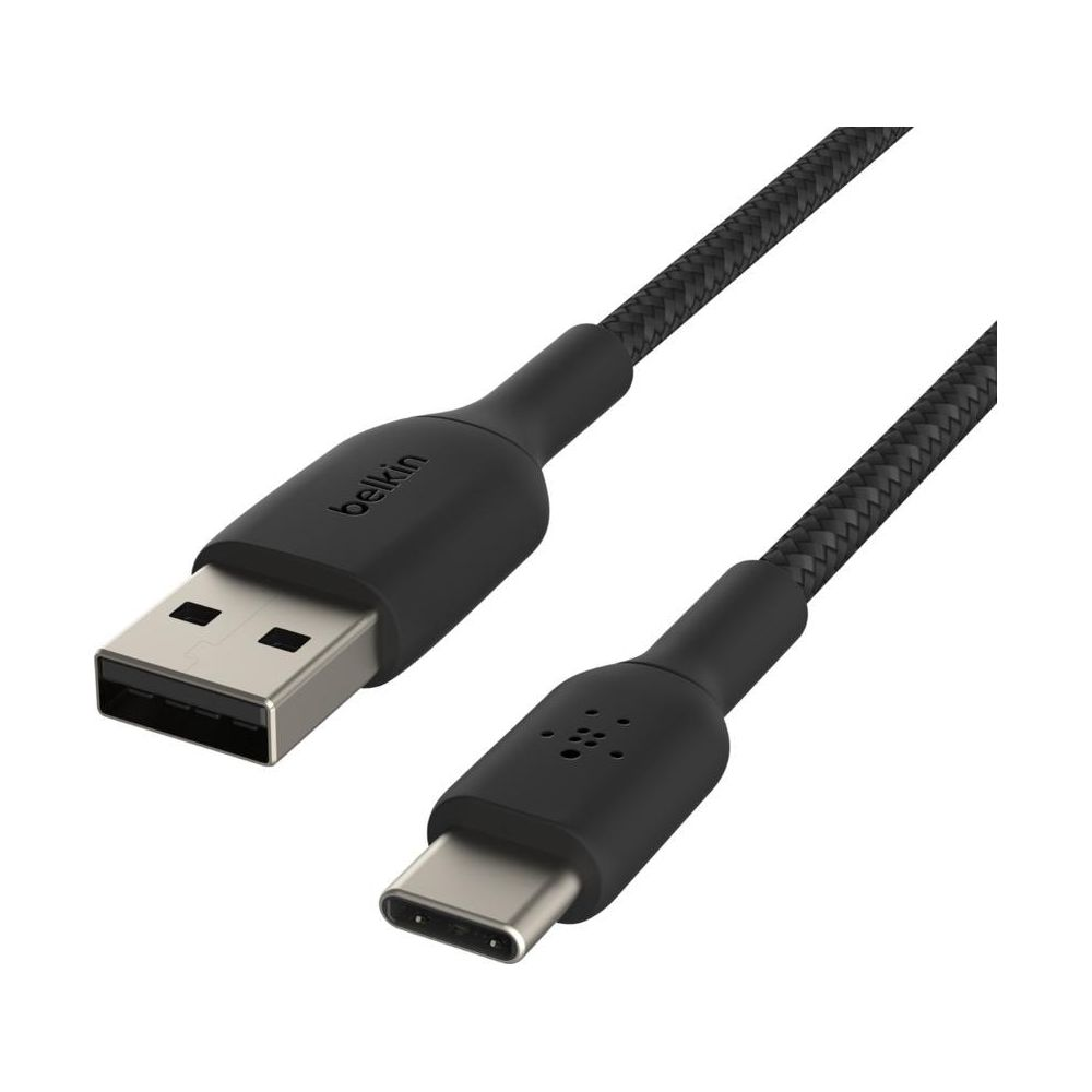 Zwarte USB-A naar USB-C kabel met gevlochten mantel en Belkin logo.
