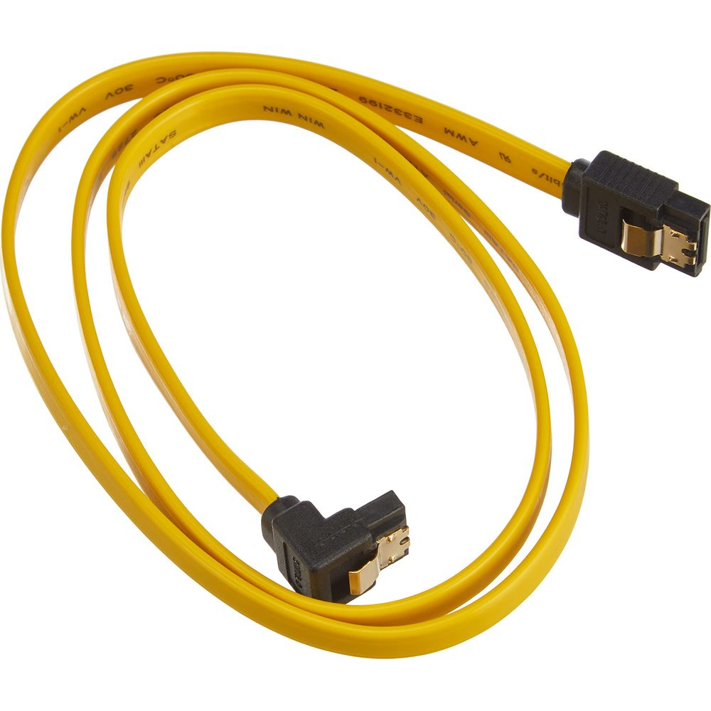 A yellow SATA cable with a right-angle and a straight black connector.