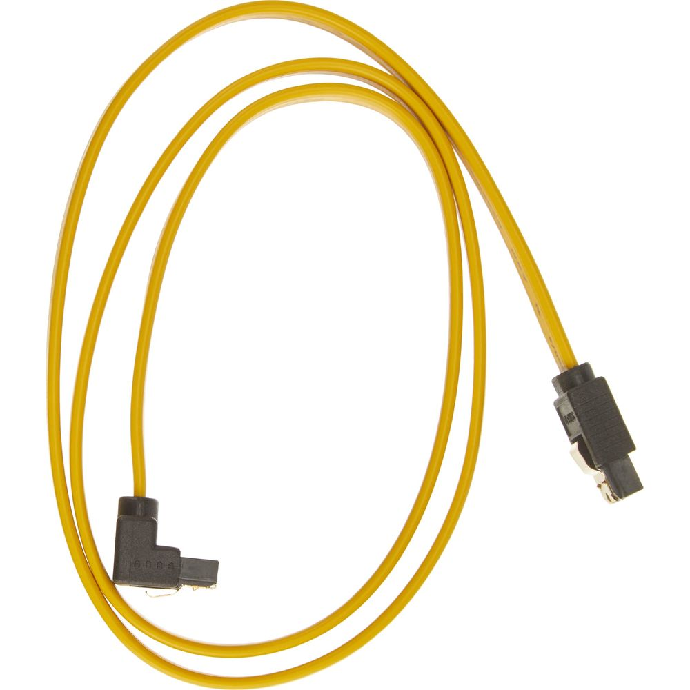 Yellow cable with black connectors at both ends, one angled, on white background.