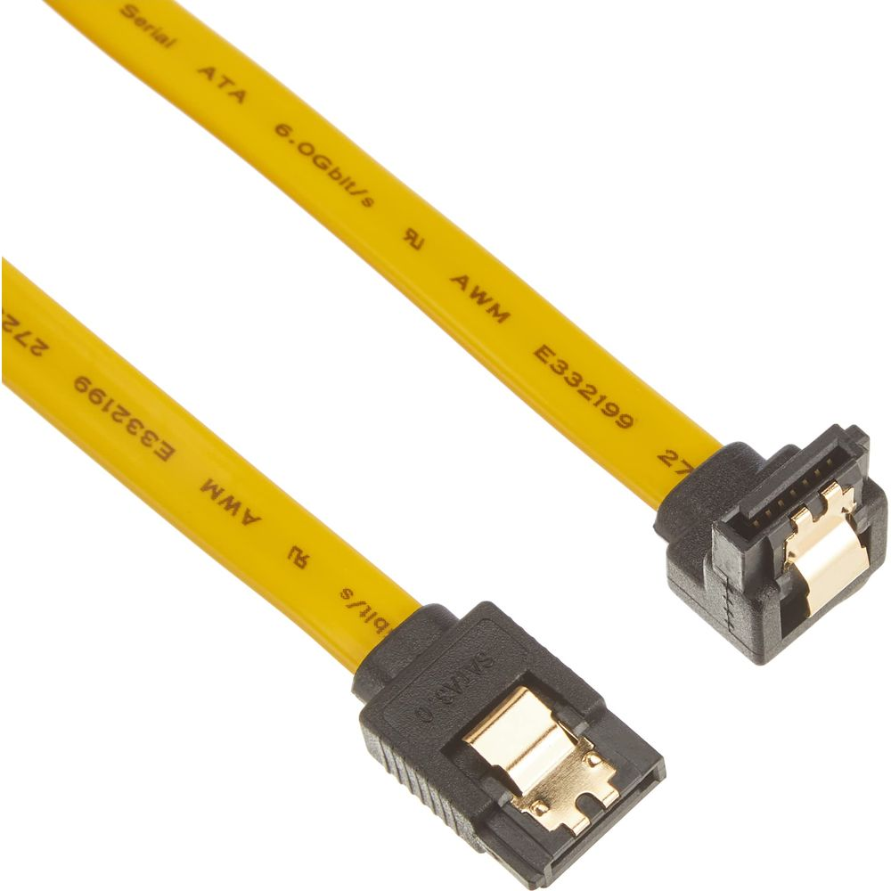 Yellow SATA cable with black connectors and markings.