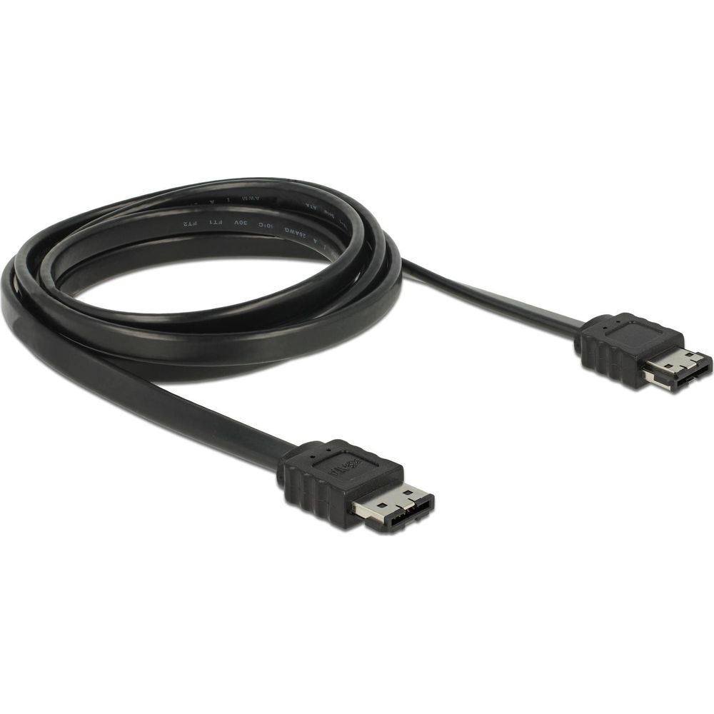 Un cavo dati SATA nero con due connettori su sfondo bianco.