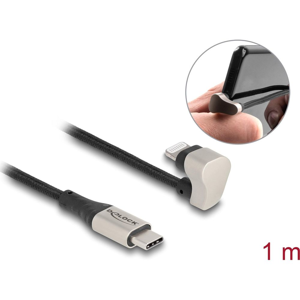 Un cavo di ricarica da USB-C a Lightning nero con connettore angolato a 90 gradi.