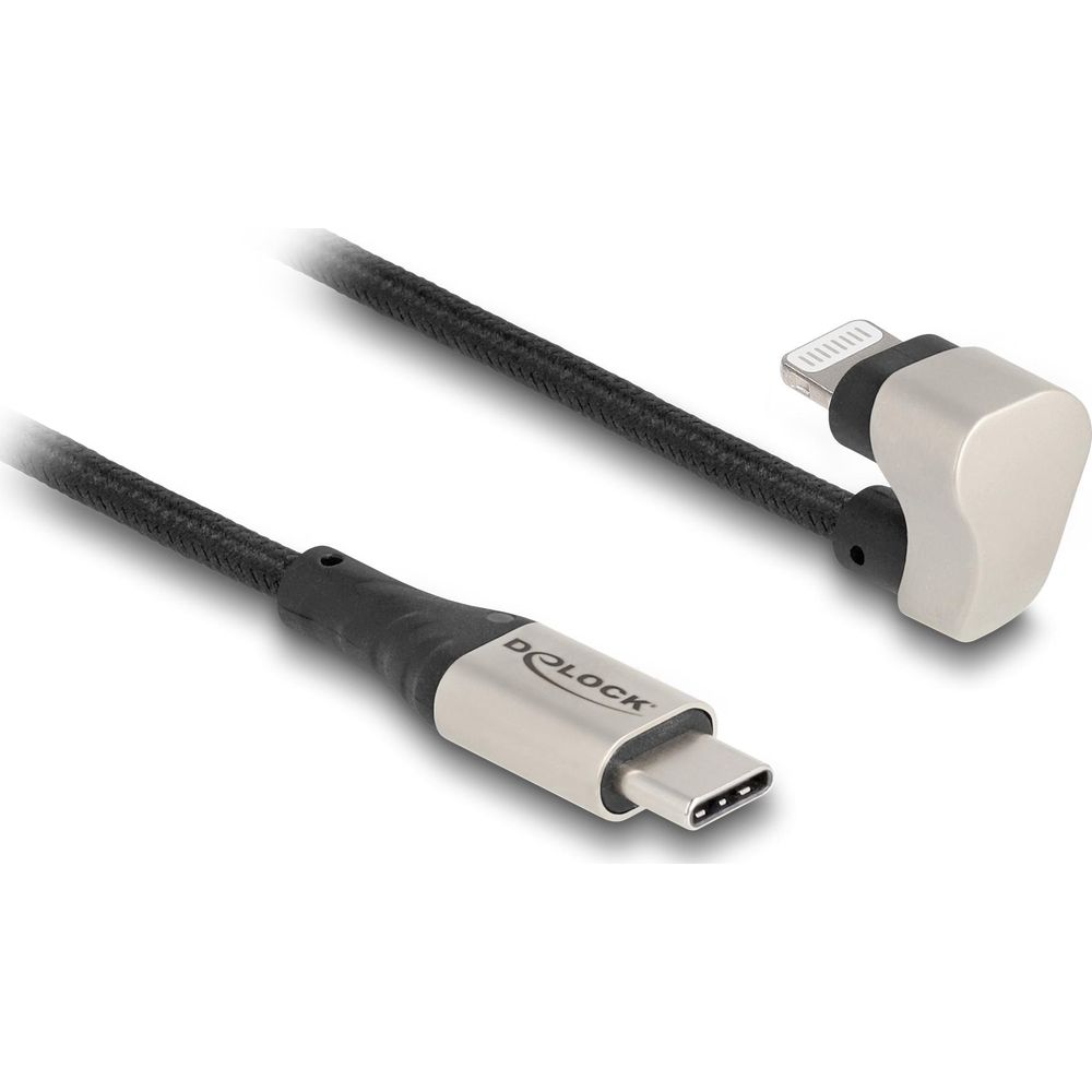 Un cavo USB-C a Lightning nero con connettore angolato.